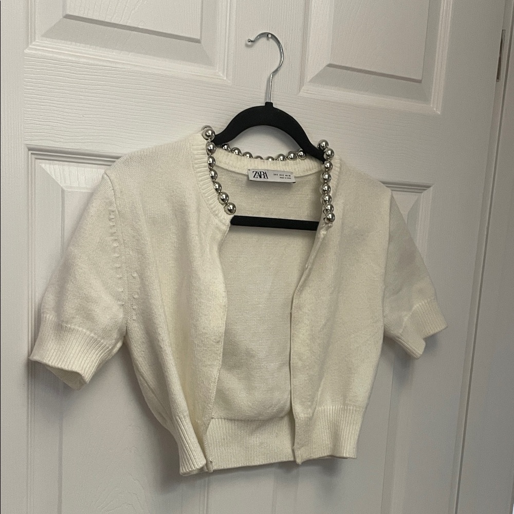 Zara Cream Short Sleeve Cardigan with Pearl Detail